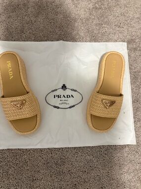 Prada Woven Slide Sandals in Light Beige with Gold Logo